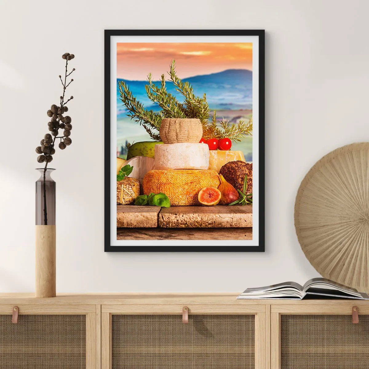 Plagát v čiernom ráme - Rustikálny stoh syrov na pozadí krajiny - 50x70cm - Talianska radosť zo života - Moderná nástenná dekorácia do obývacej izby a spálne ARTTOR