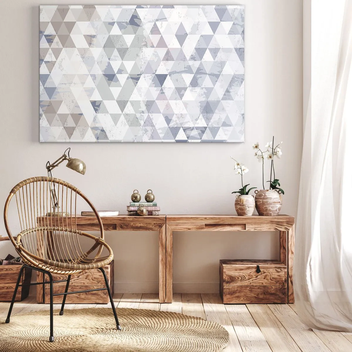 Obraz na plátne - Geometrický trojuholníkový vzor v pastelových odtieňoch - 70x50cm - V rytme na tri - Moderná nástenná dekorácia do obývacej izby a spálne ARTTOR