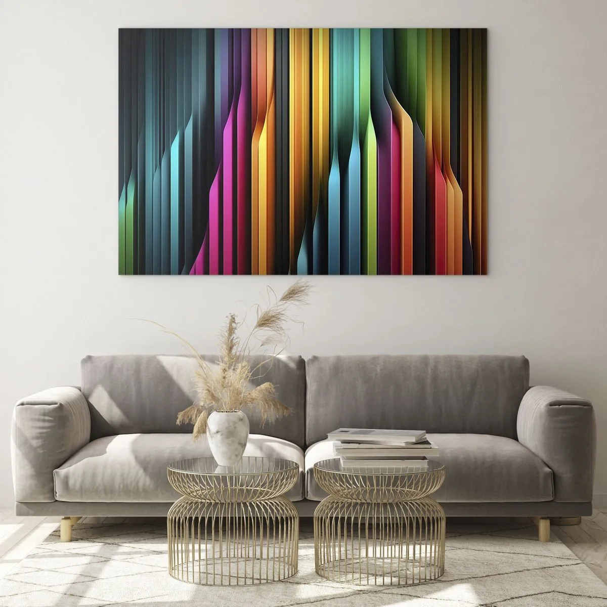 Obraz na skle - Viacfarebné zvislé pruhy pripomínajúce svetlo a pohyb - 70x50cm - Svetelný organ - Moderná nástenná dekorácia do obývacej izby a spálne ARTTOR