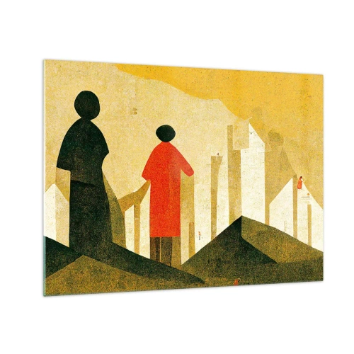 Obraz na skle - Geometrické siluety postáv medzi vysokými formami na pozadí žltej oblohy - 70x50cm - Ešte veľmi ďaleko - Moderná nástenná dekorácia do obývacej izby a spálne ARTTOR
