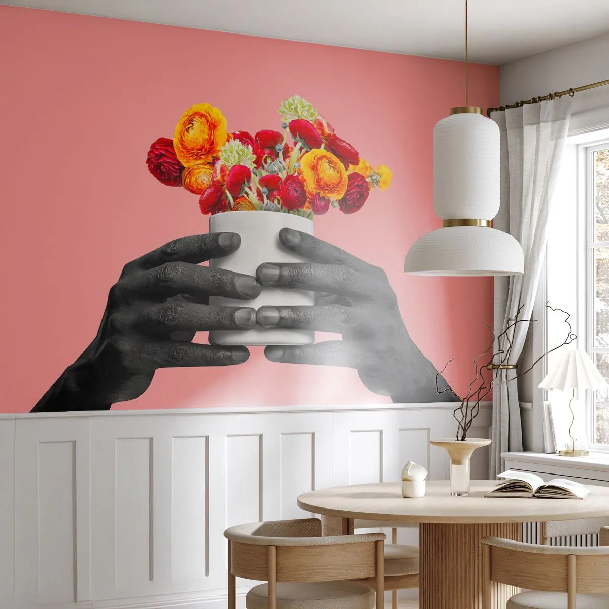 Fototapeta Standard Eco - Čiernobiele ruky držiace farebnú kyticu kvetov - 100x70cm - Apoteóza života - Moderná nástenná dekorácia do obývacej izby a spálne ARTTOR