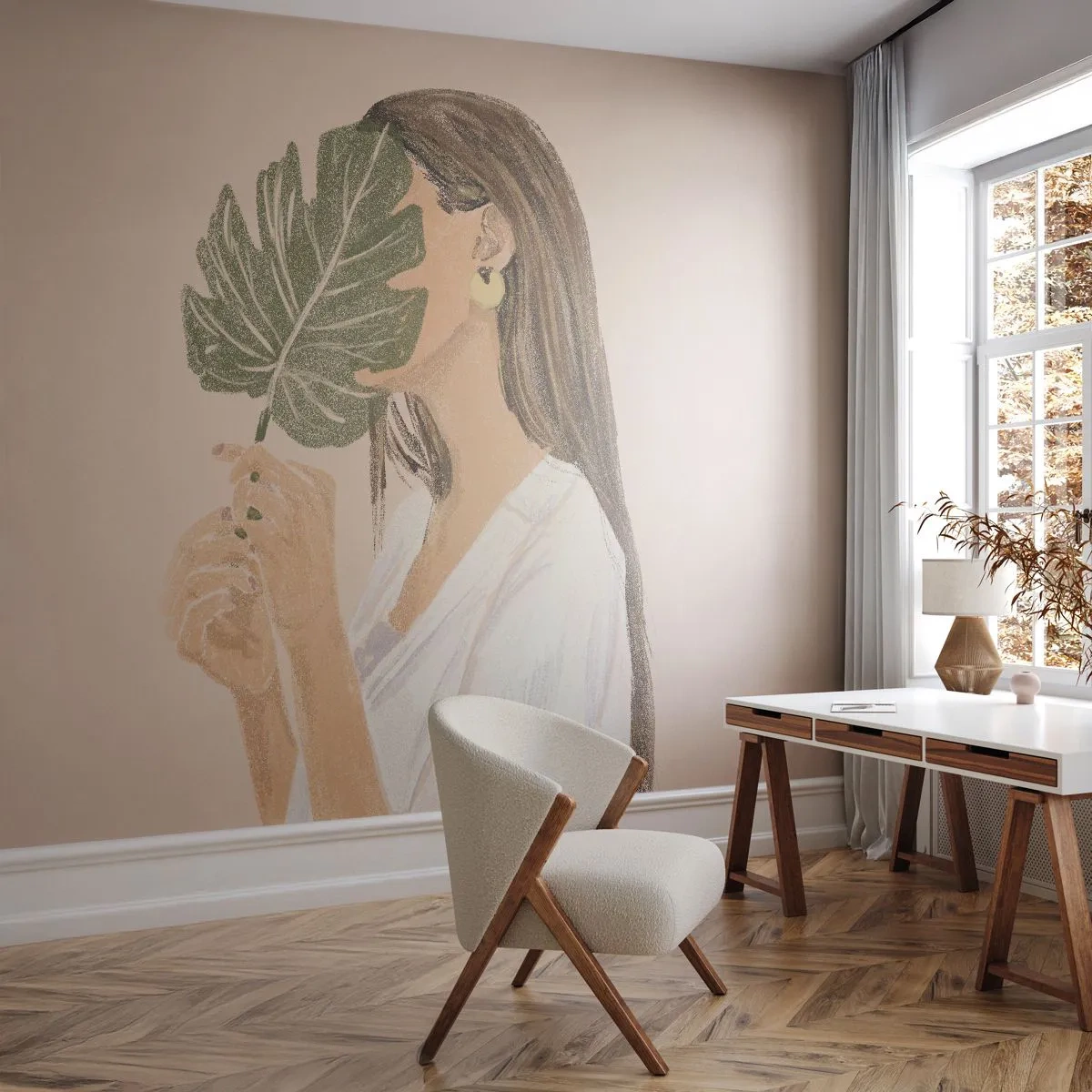 Fototapeta Premium Canvas - Tajomný portrét s vejárom - List, Žena, Boho - 250x175 cm