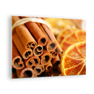 Obraz na skle - Detail škoricových tyčiniek a sušených plátkov pomaranča - 70x50cm - Cítite ich arómu? - Moderná nástenná dekorácia do obývacej izby a spálne ARTTOR