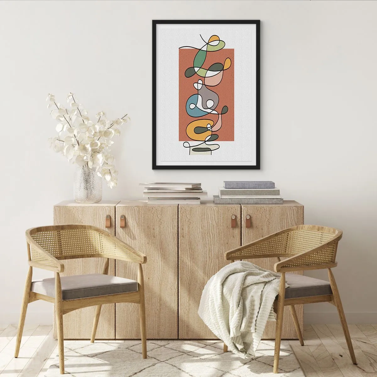 Plagát v čiernom ráme - Abstraktná geometrická kompozícia s organickými čiarami - 50x70cm - Abstrakcia: farebné vyvádzanie - Moderná nástenná dekorácia do obývacej izby a spálne ARTTOR