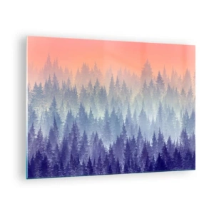Obraz na skle - Tajomný ihličnatý les v pastelových odtieňoch rána - 70x50cm - Vysoko, vyššie, do neba - Moderná nástenná dekorácia do obývacej izby a spálne ARTTOR