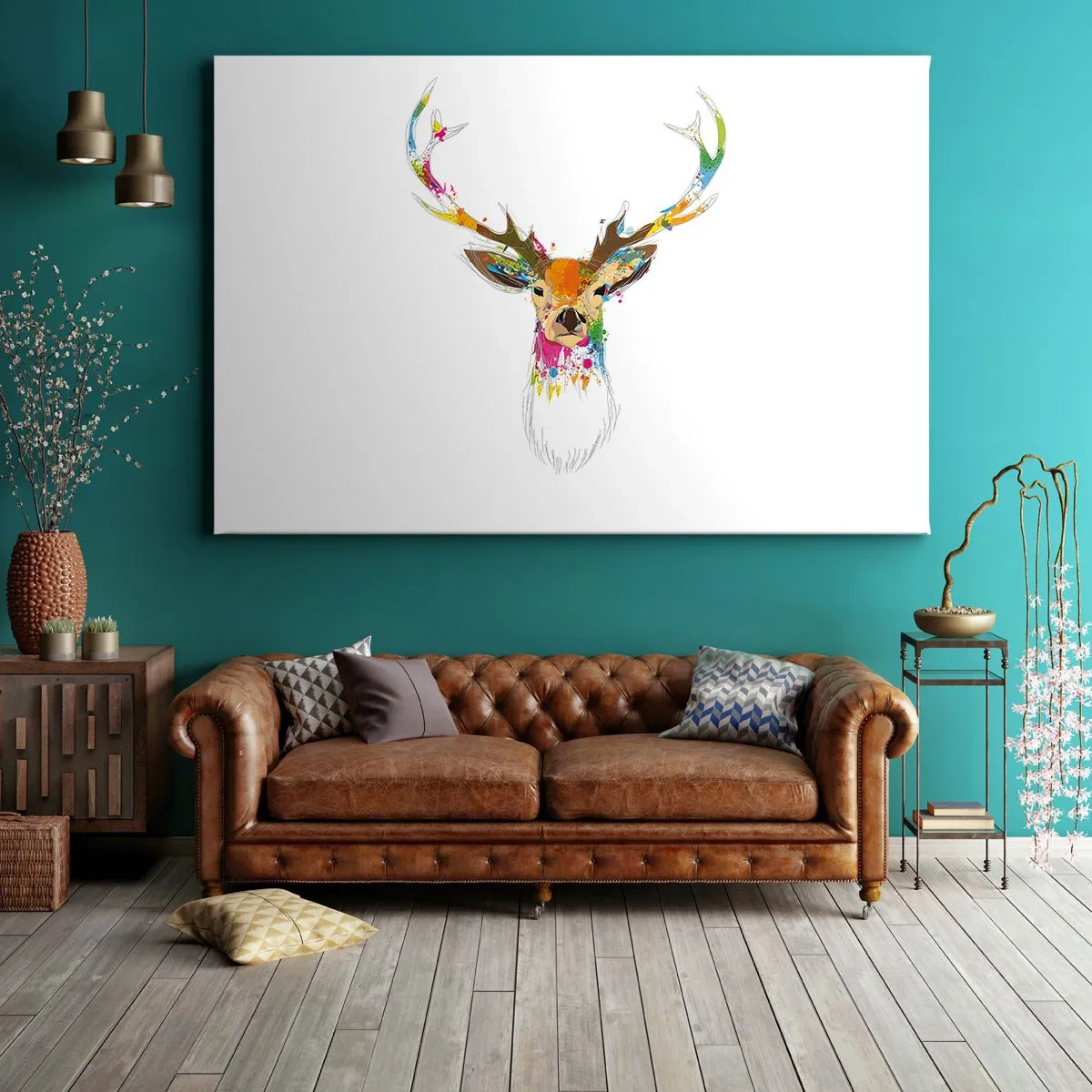 Obraz na plátne - Farebná jeleňová hlava v umeleckom štýle - 70x50cm - Jemné jelenča vykúpané vo farbe - Moderná nástenná dekorácia do obývacej izby a spálne ARTTOR