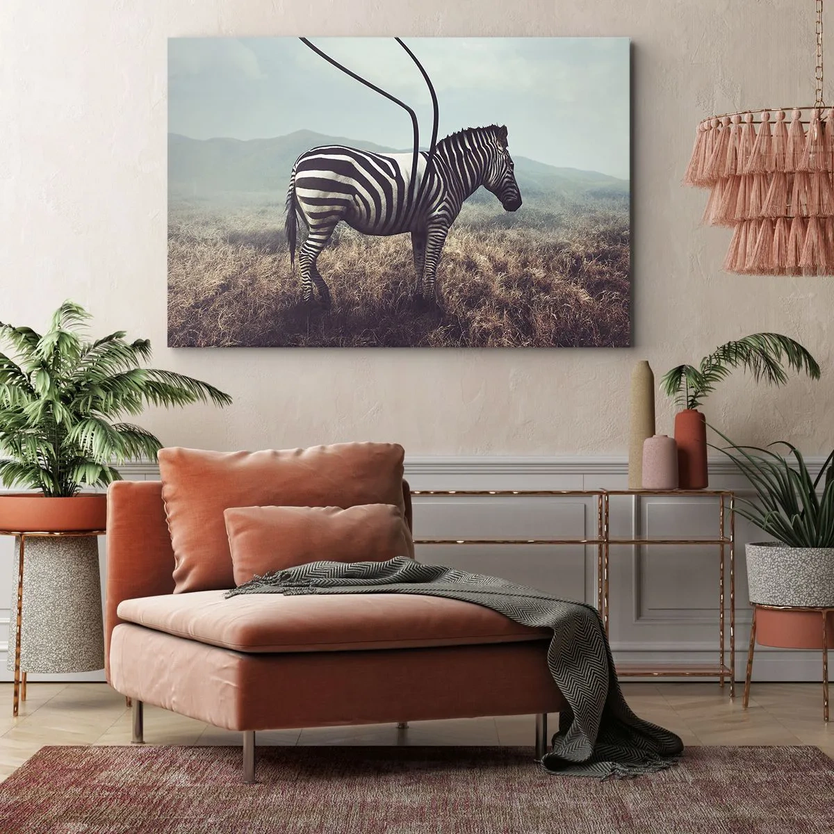 Obraz na plátne - Surrealistická zebra na pozadí trávnatej krajiny - 70x50cm - Pozor! Porucha - Moderná nástenná dekorácia do obývacej izby a spálne ARTTOR