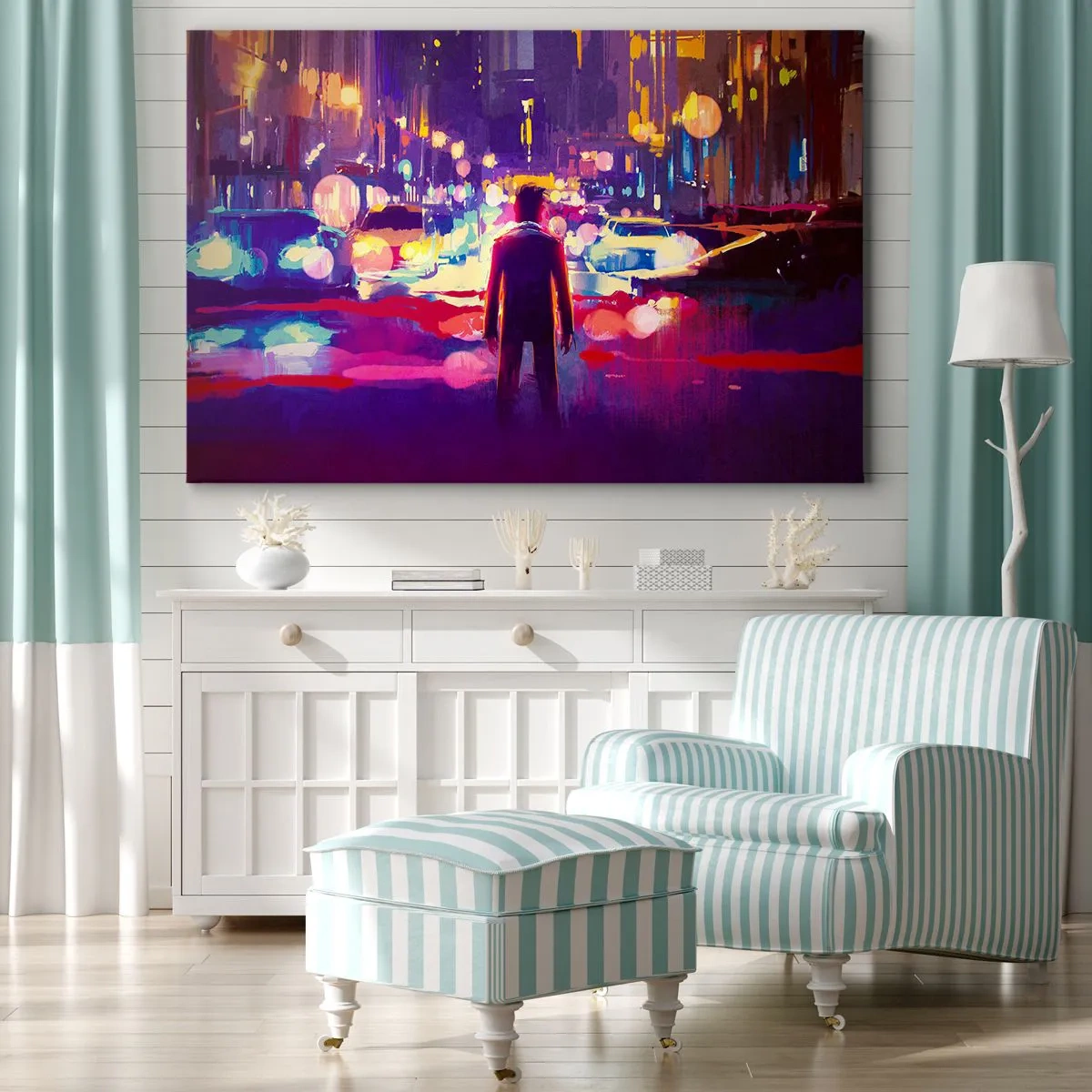 Obraz na plátne - Muž v nočnej scéne neónového mesta - 70x50cm - Ponorený do svetla - Moderná nástenná dekorácia do obývacej izby a spálne ARTTOR