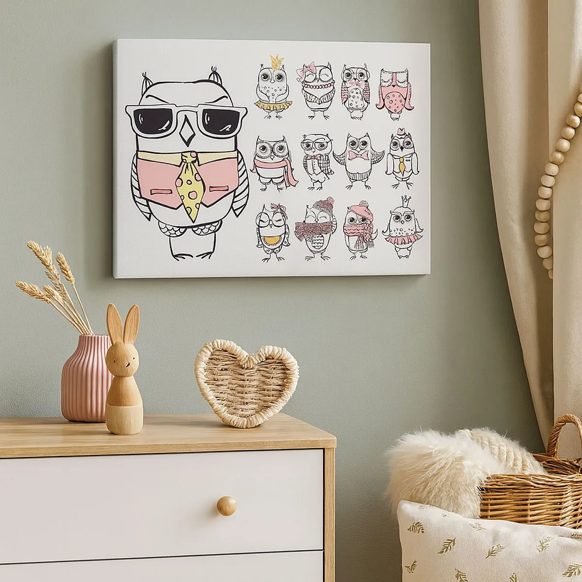 Obraz na plátne - Sovy v rôznych štýloch a oblečení - 70x50cm - Toľko rolí na hranie - Moderná nástenná dekorácia do obývacej izby a spálne ARTTOR