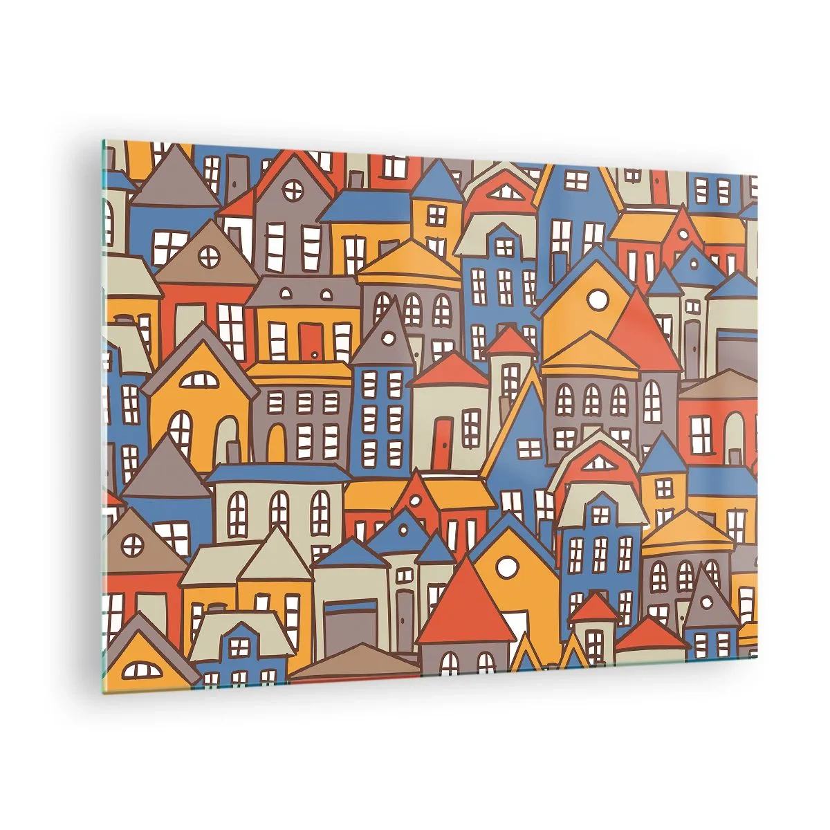 Obraz na skle - Farebné domy v grafickom štýle vytvárajú veselú krajinu - 70x50cm - Za domom dom - Moderná nástenná dekorácia do obývacej izby a spálne ARTTOR