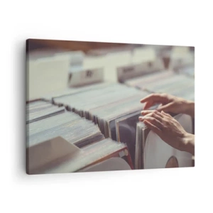 Obraz na plátne - Ruky prezerajúce si zbierku vinylov - 70x50cm - Hľadanie emócií - Moderná nástenná dekorácia do obývacej izby a spálne ARTTOR