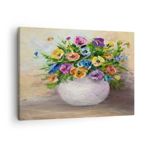 Obraz na plátne - Farebná kytica kvetov v bielej váze - 70x50cm - Zátišie s bielou vázou - Moderná nástenná dekorácia do obývacej izby a spálne ARTTOR