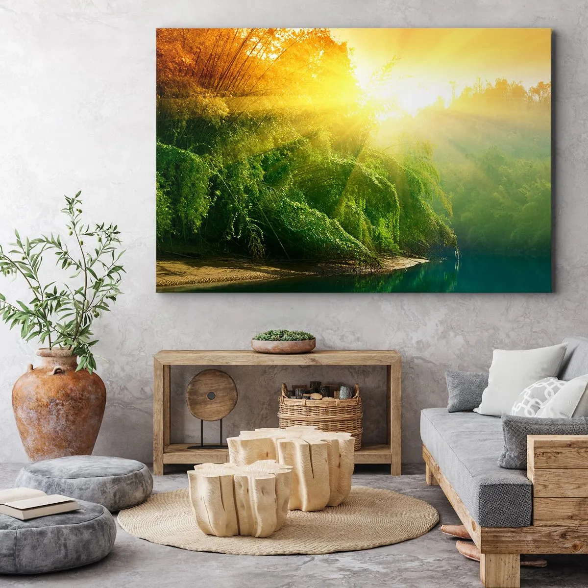 Obraz na plátne - Zelený les pri rieke, osvetlený lúčmi vychádzajúceho slnka - 70x50cm - Utopiť sa v slnku a v tieni - Moderná nástenná dekorácia do obývacej izby a spálne ARTTOR