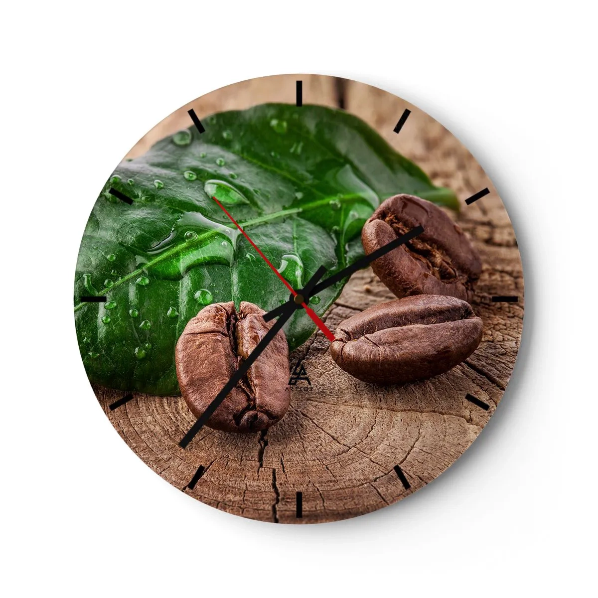 Nástenné hodiny - Kávové zrná a zelený list na drevenom pozadí - 30x30cm - Najskutočnejšia a čierna - Moderná nástenná dekorácia do obývacej izby, kuchyne a spálne ARTTOR