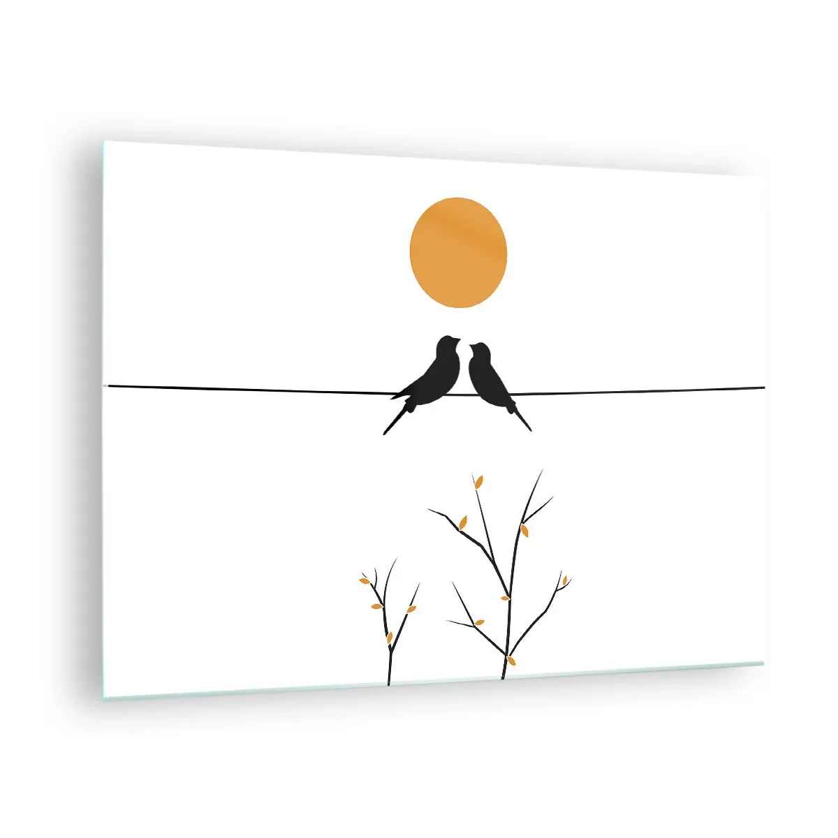 Obraz na skle - Vtáky na čiare pod oranžovým slnkom - 70x50cm - Slávičí večer - Moderná nástenná dekorácia do obývacej izby a spálne ARTTOR