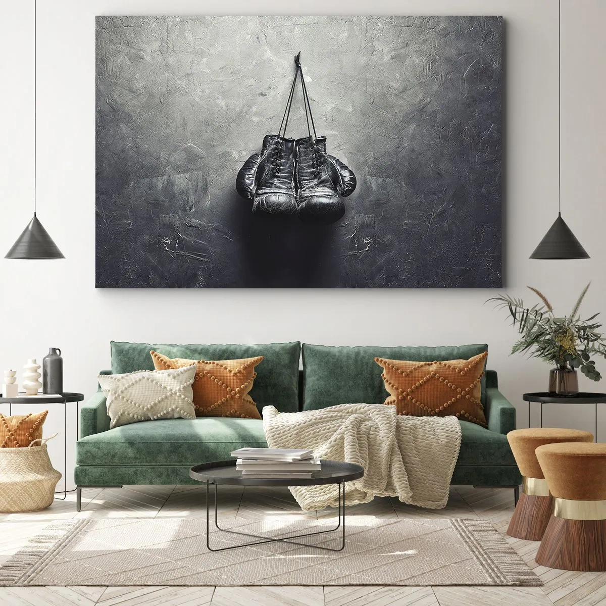 Obraz na plátne - Staré boxerské rukavice pri stene - 70x50cm - Čas boja a čas mieru - Moderná nástenná dekorácia do obývacej izby a spálne ARTTOR