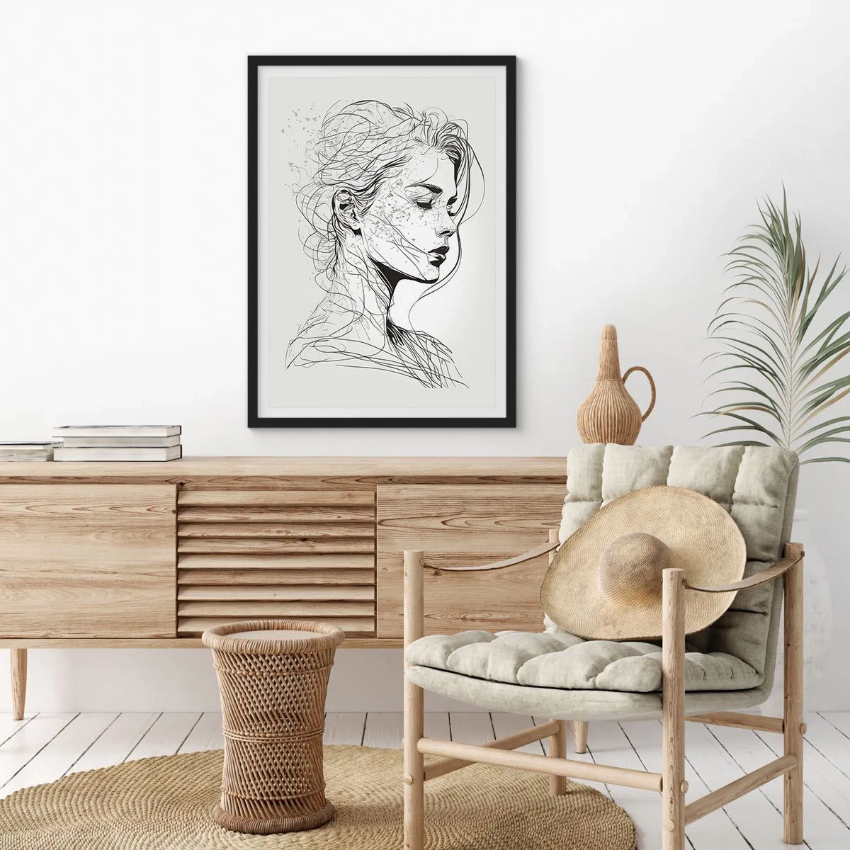 Plagát v čiernom ráme - Skica ženy s rozpustenými vlasmi, vytvorená v minimalistickom štýle. - 50x70cm - Portrét v zamyslení - Moderná nástenná dekorácia do obývacej izby a spálne ARTTOR