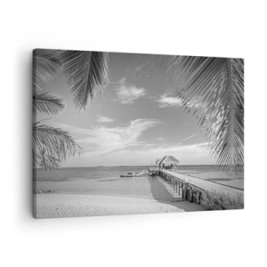 Obraz na plátne - Čiernobiela pláž s mólom a palmami na tropickom pobreží - 70x50cm - Spomienka alebo sen? - Moderná nástenná dekorácia do obývacej izby a spálne ARTTOR