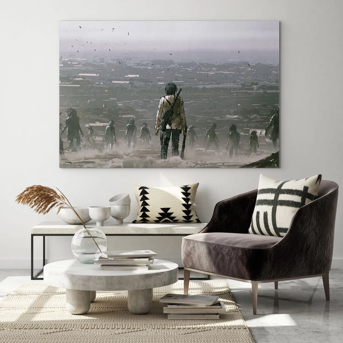 Obraz na skle - Postava s puškou v tmavej scenérii blížiacej sa skupiny - 70x50cm - Posledný spravodlivý? - Moderná nástenná dekorácia do obývacej izby a spálne ARTTOR