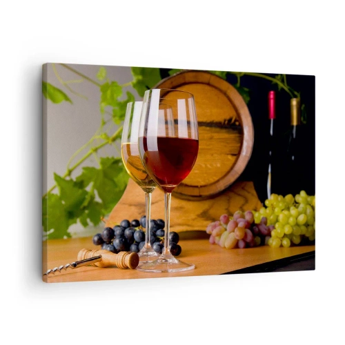 Obraz na plátne - Poháre vína s hroznom, sud a fľaše na drevenom stole - 70x50cm - Ako u starých majstrov - Moderná nástenná dekorácia do obývacej izby a spálne ARTTOR
