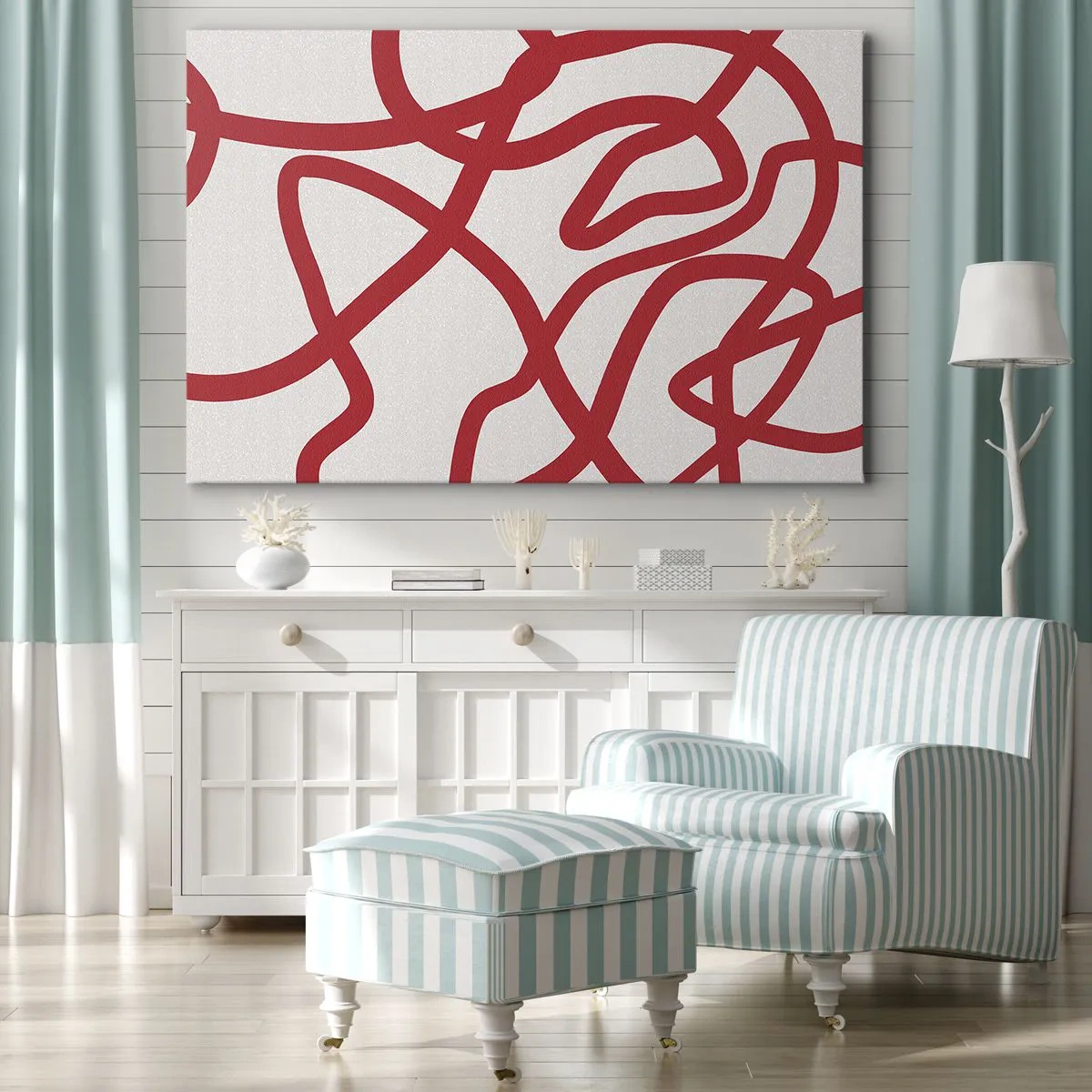 Obraz na plátne - Červené abstraktné čiary na bielom pozadí - 70x50cm - Červené na bielom - Moderná nástenná dekorácia do obývacej izby a spálne ARTTOR