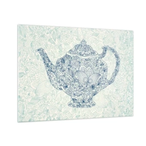 Obraz na skle - Kvetinová kanvica na čaj v vintage štýle - 70x50cm - Čajové kúzlo - Moderná nástenná dekorácia do obývacej izby a spálne ARTTOR