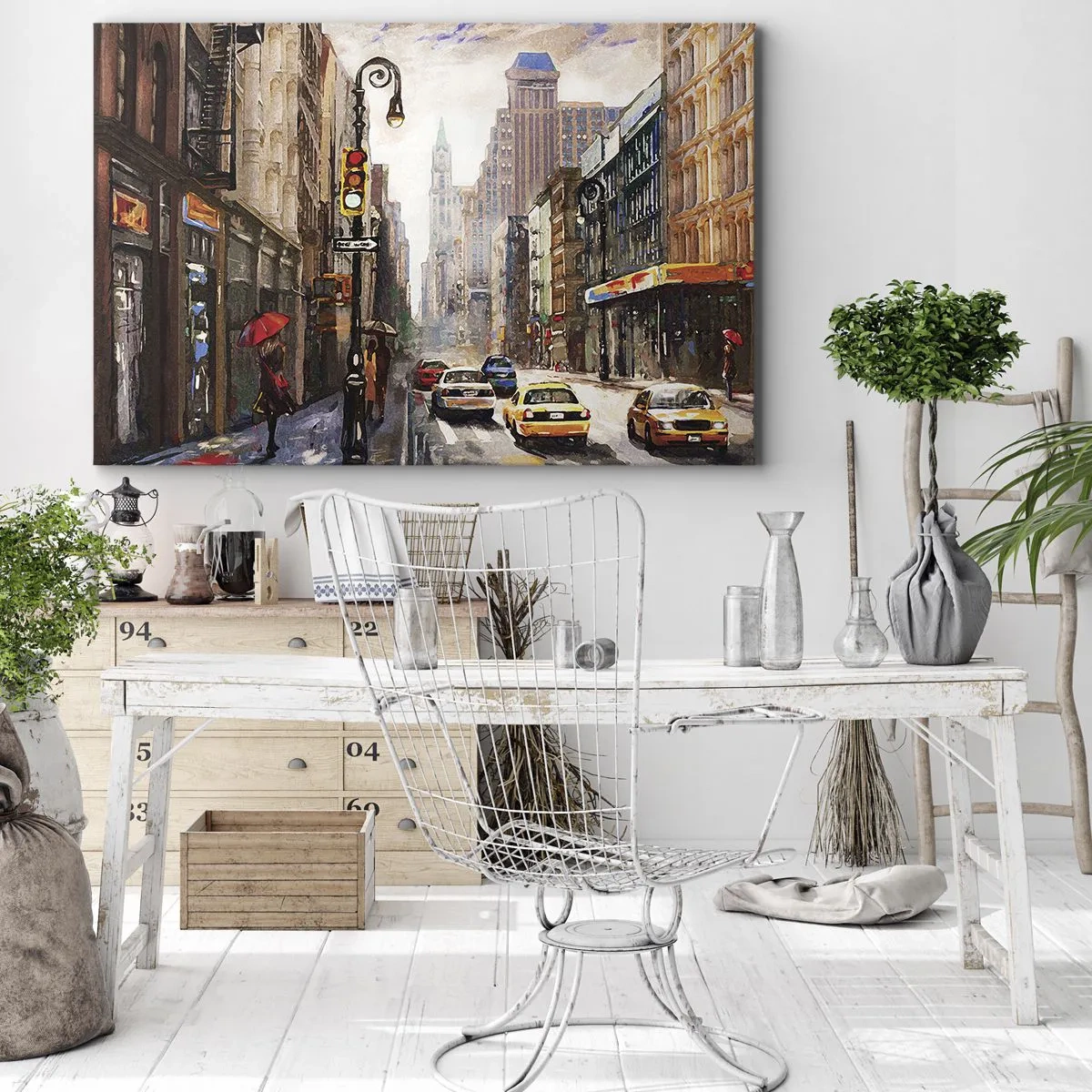 Obraz na plátne - Panoráma mesta s ulicou a žltými taxíkmi - 70x50cm - New York – farebný aj v daždi - Moderná nástenná dekorácia do obývacej izby a spálne ARTTOR