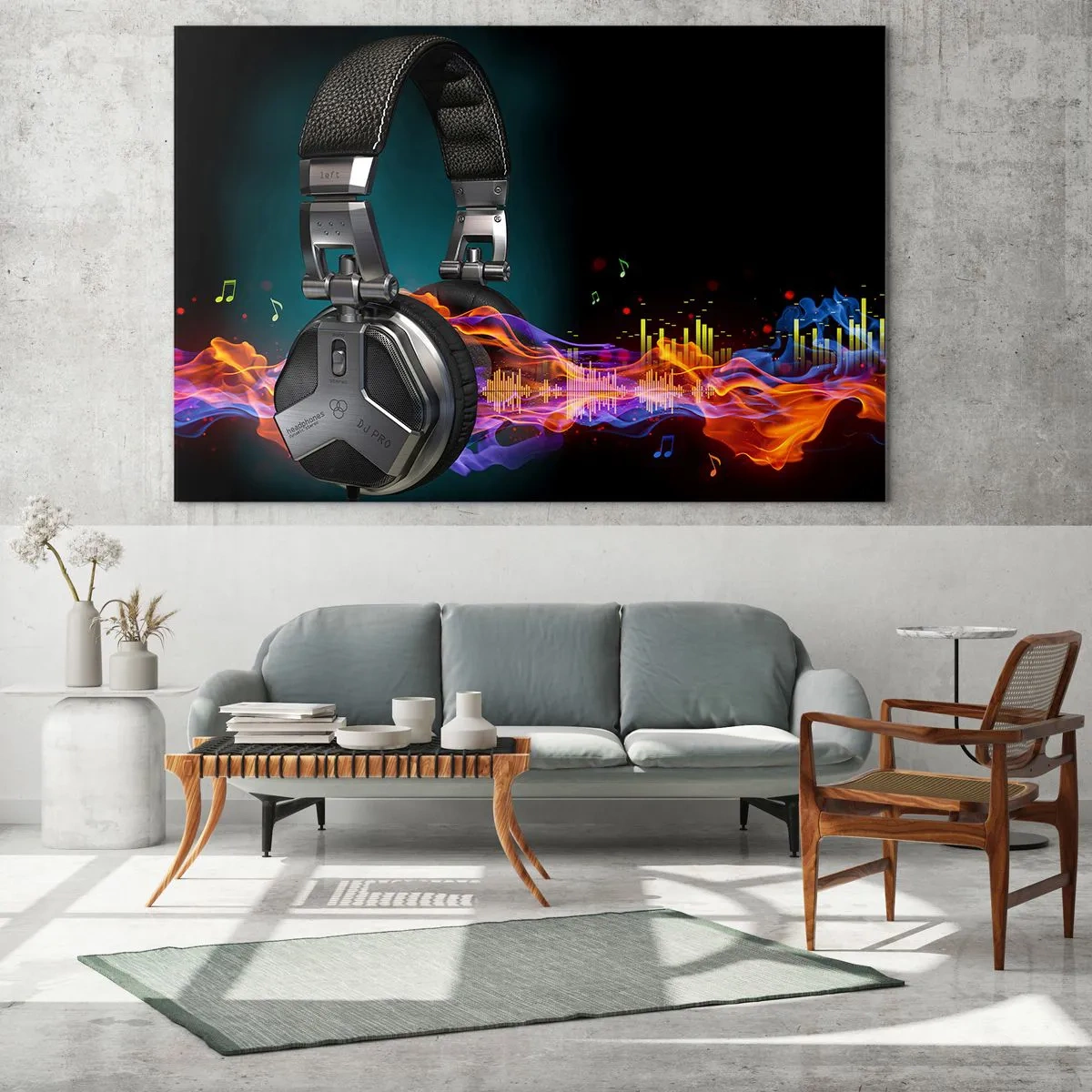 Obraz na skle - DJ slúchadlá s farebnými zvukovými vlnami a hudobnými notami - 70x50cm - V ohni hudby - Moderná nástenná dekorácia do obývacej izby a spálne ARTTOR