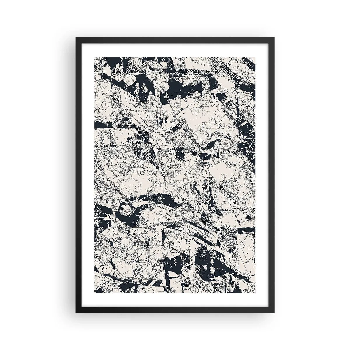 Plagát v čiernom ráme - Abstraktná čiernobiela textúrovaná kompozícia - 50x70cm - Prelínanie protikladov - Moderná nástenná dekorácia do obývacej izby a spálne ARTTOR