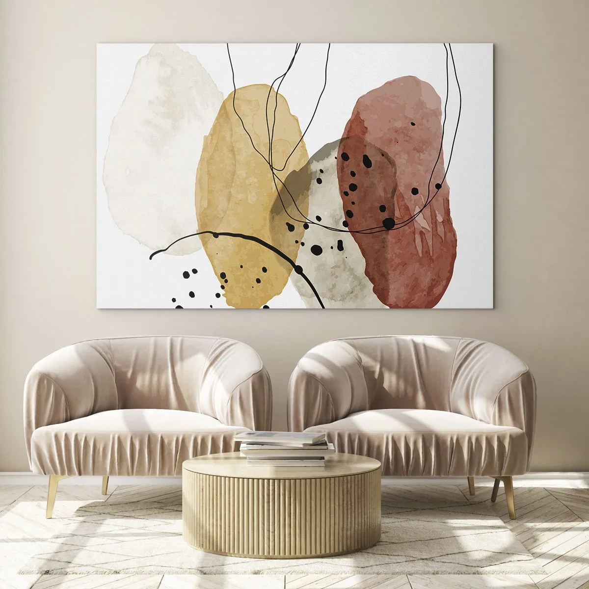 Obraz na skle - Abstraktné zemité škvrny s tenkými čiarami - 70x50cm - Ako ľahký, priezračný vzduch - Moderná nástenná dekorácia do obývacej izby a spálne ARTTOR