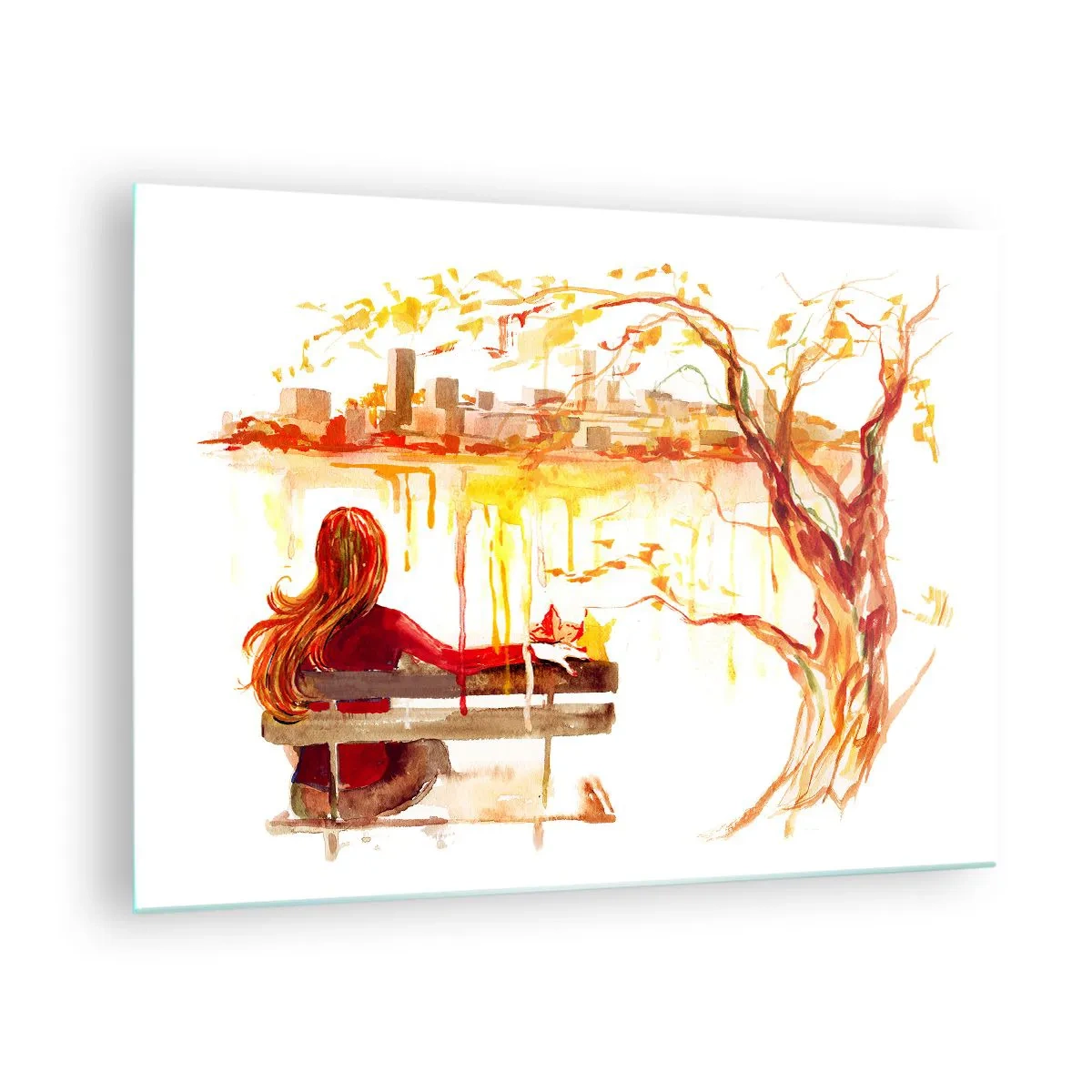 Obraz na skle - Postava na lavičke s výhľadom na mesto v akvarelovej farbe - 70x50cm - Okamih zamyslenia - Moderná nástenná dekorácia do obývacej izby a spálne ARTTOR