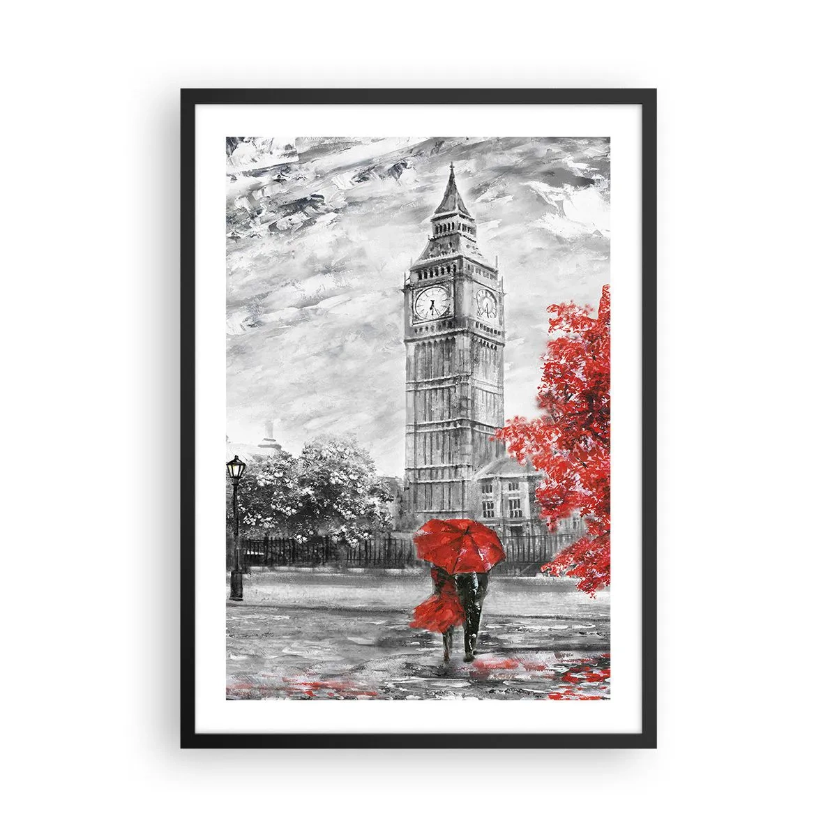 Plagát v čiernom ráme - Hodinová veža s červeným dáždnikom - 50x70cm - Vzrušujúci deň - Moderná nástenná dekorácia do obývacej izby a spálne ARTTOR