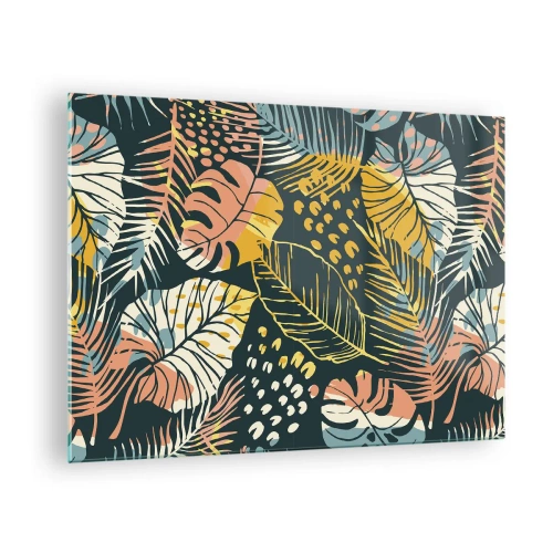 Obraz na skle - Vzor tropických listov v žiarivých farbách, plný energie a exotiky. - 70x50cm - Listová fantázia - Moderná nástenná dekorácia do obývacej izby a spálne ARTTOR