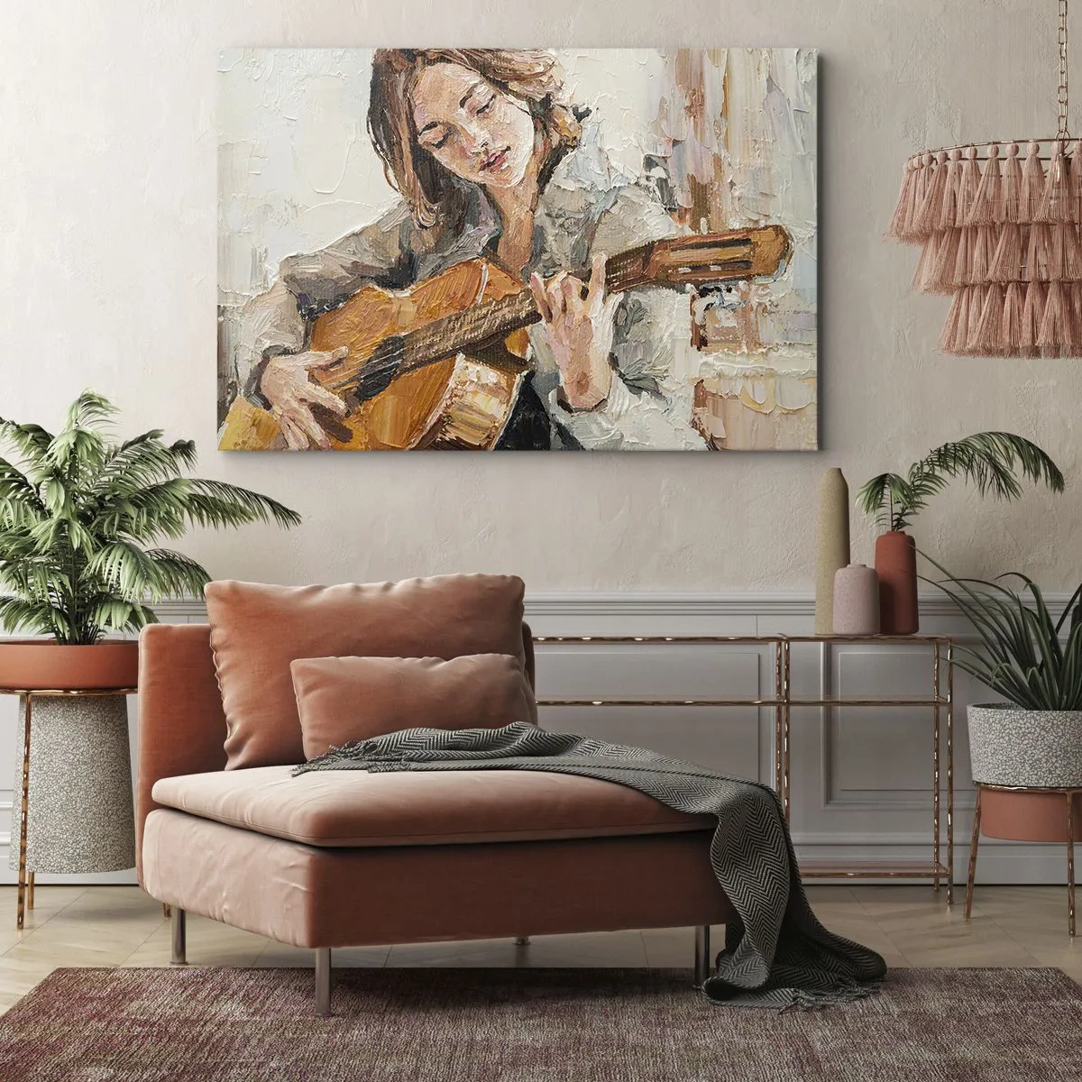 Obraz na plátne - Portrét dievčaťa hrajúceho na gitare v maliarskom štýle s teplými farbami. - 70x50cm - Koncert pre gitaru a dievčenské srdce - Moderná nástenná dekorácia do obývacej izby a spálne ARTTOR