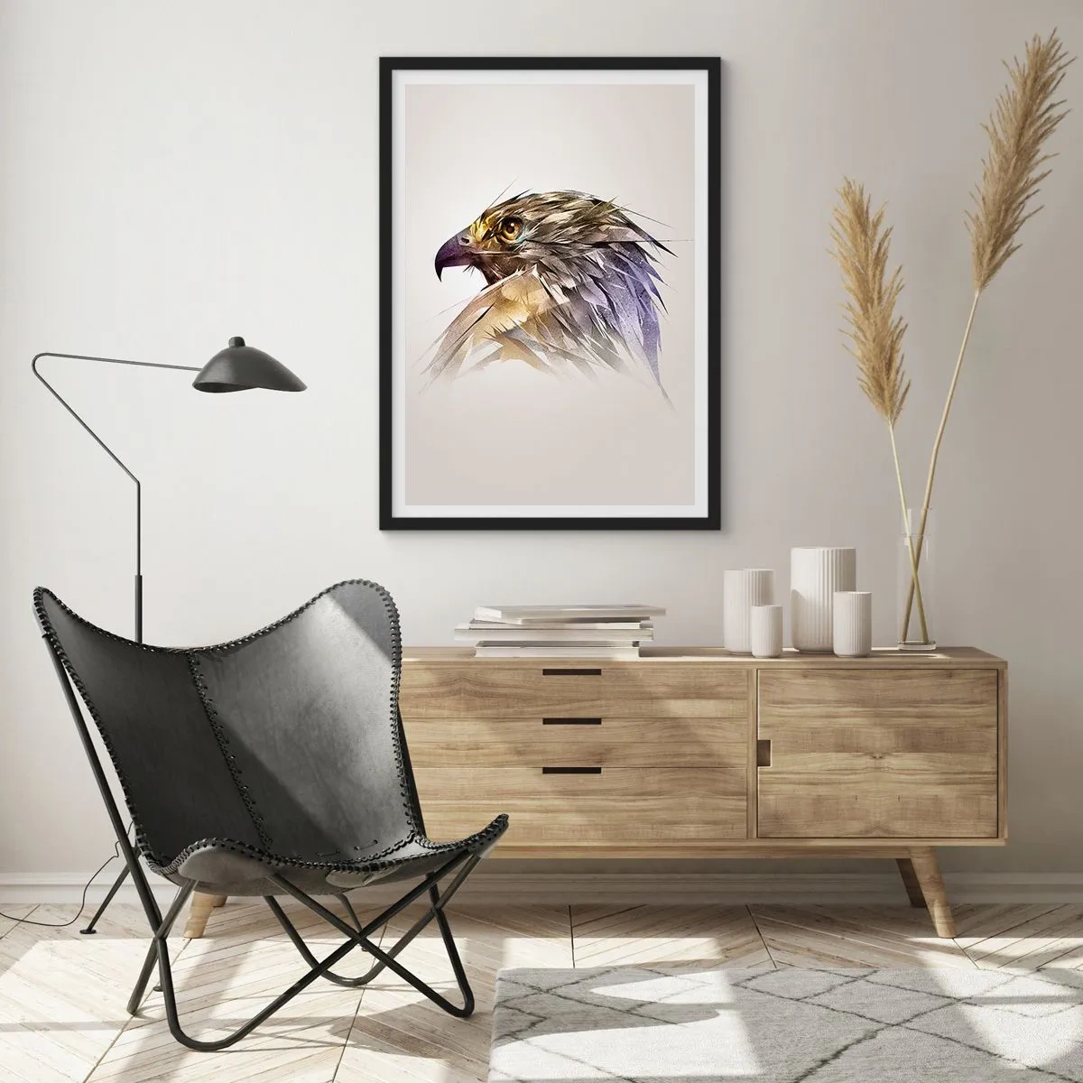 Plagát v čiernom ráme - Umelecký portrét orla v odtieňoch béžovej a fialovej. - 50x70cm - Portrét bojovníka - Moderná nástenná dekorácia do obývacej izby a spálne ARTTOR
