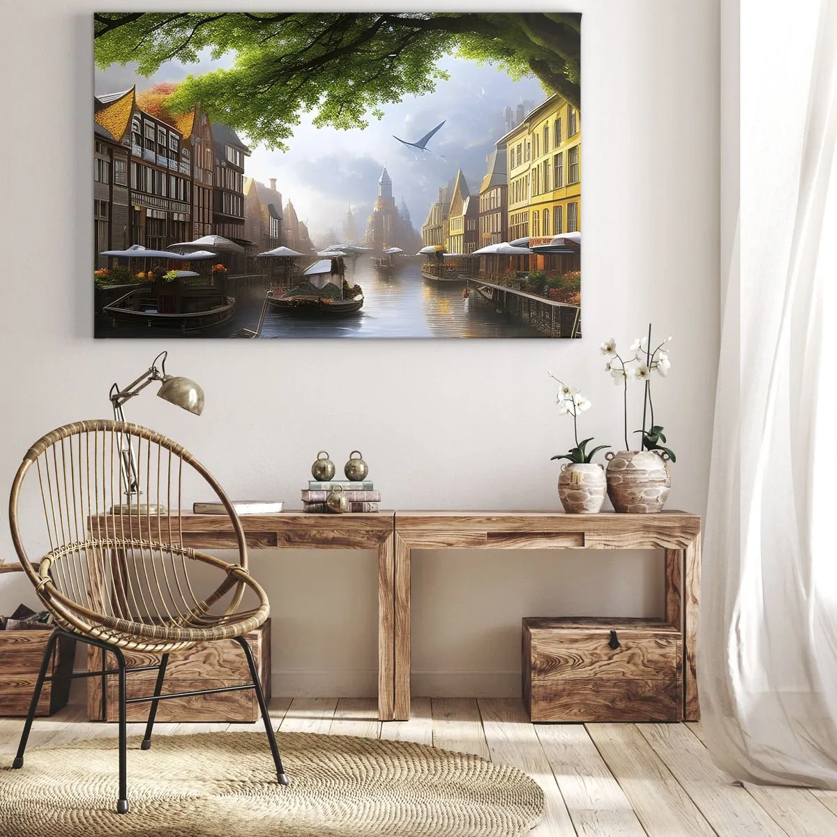 Obraz na plátne - Malebná holandská krajina s kanálom a činžiakovými domami - 70x50cm - Holandská mestská krajinka - Moderná nástenná dekorácia do obývacej izby a spálne ARTTOR