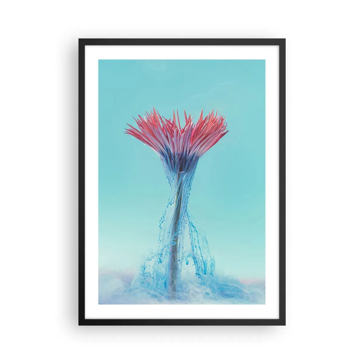 Plagát v čiernom ráme - Kvet obklopený farebnými potokmi na pastelovom pozadí - 50x70cm - V osviežujúcom objatí - Moderná nástenná dekorácia do obývacej izby a spálne ARTTOR