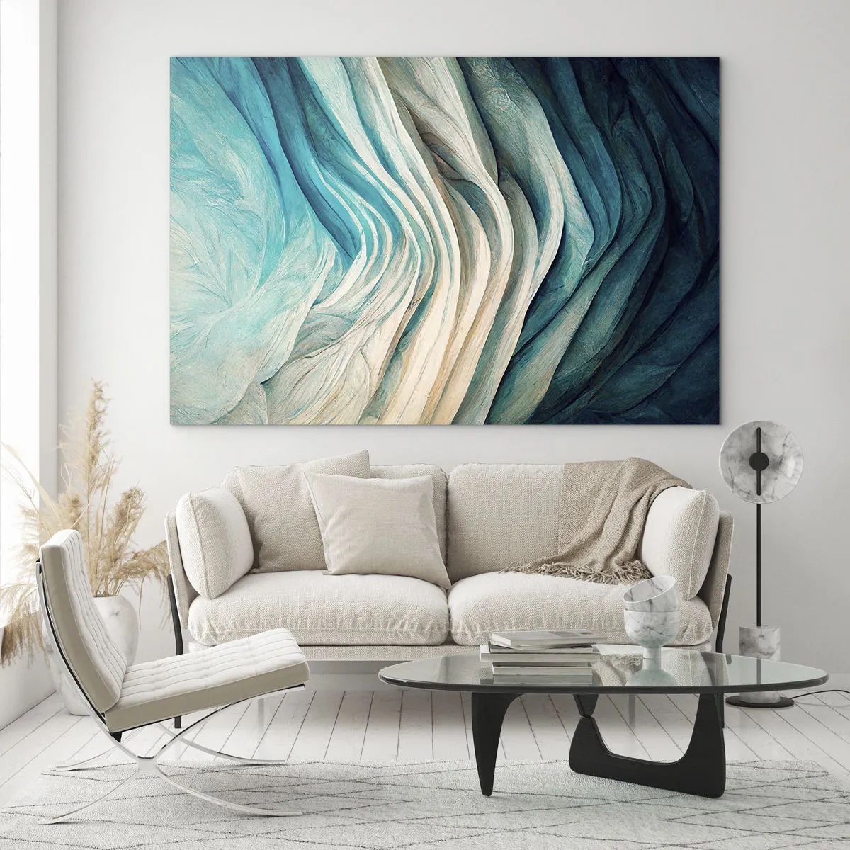 Obraz na skle - Abstraktné vlny v odtieňoch modrej a béžovej - 70x50cm - Modrá neukojiteľnosť - Moderná nástenná dekorácia do obývacej izby a spálne ARTTOR