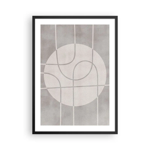 Plagát v čiernom ráme - Geometrické čiary a kruh v odtieňoch sivej - 50x70cm - Kruhovo a priamo - Moderná nástenná dekorácia do obývacej izby a spálne ARTTOR