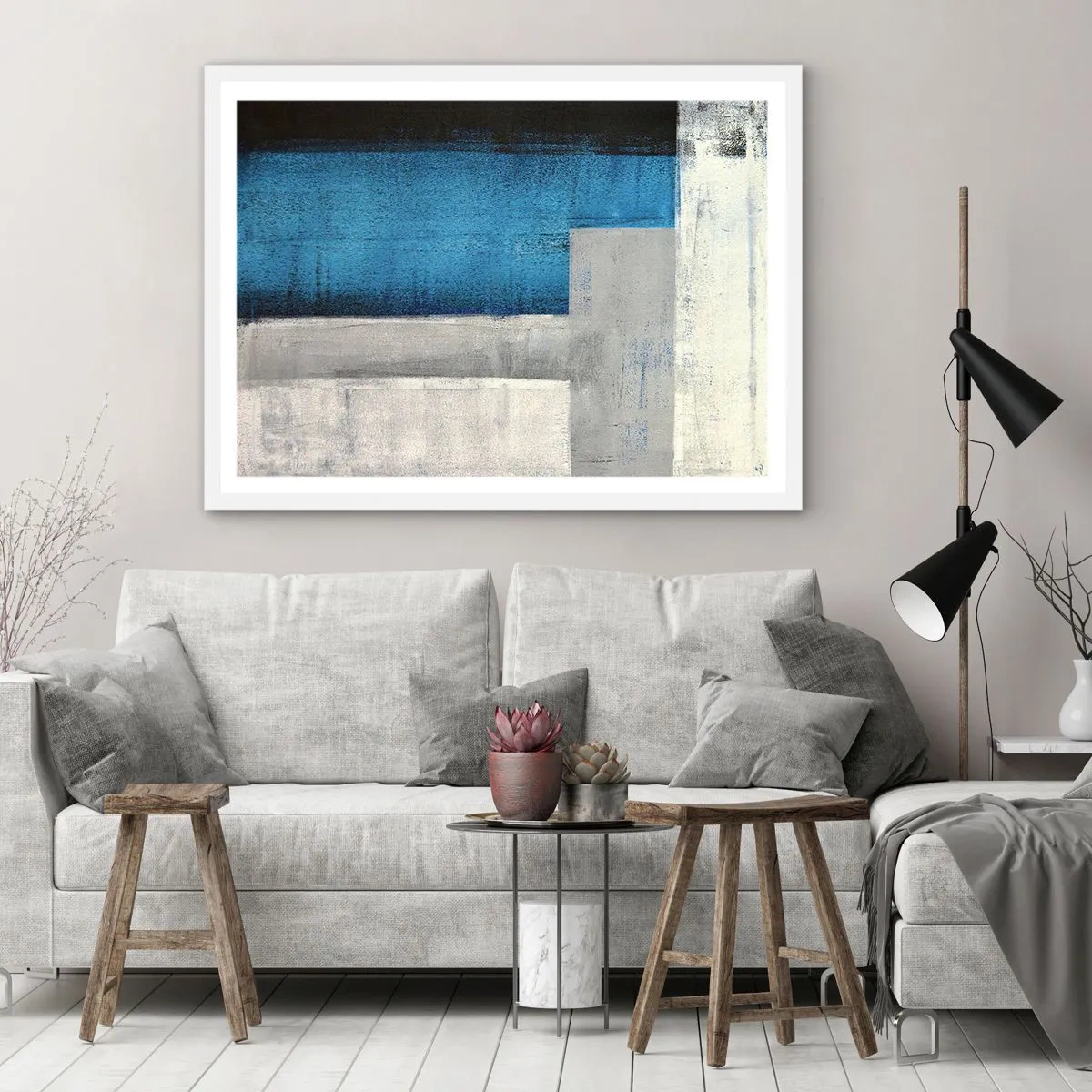 Plagát v bielom ráme - Poetická kompozícia šedej a modrej - 70x50 cm