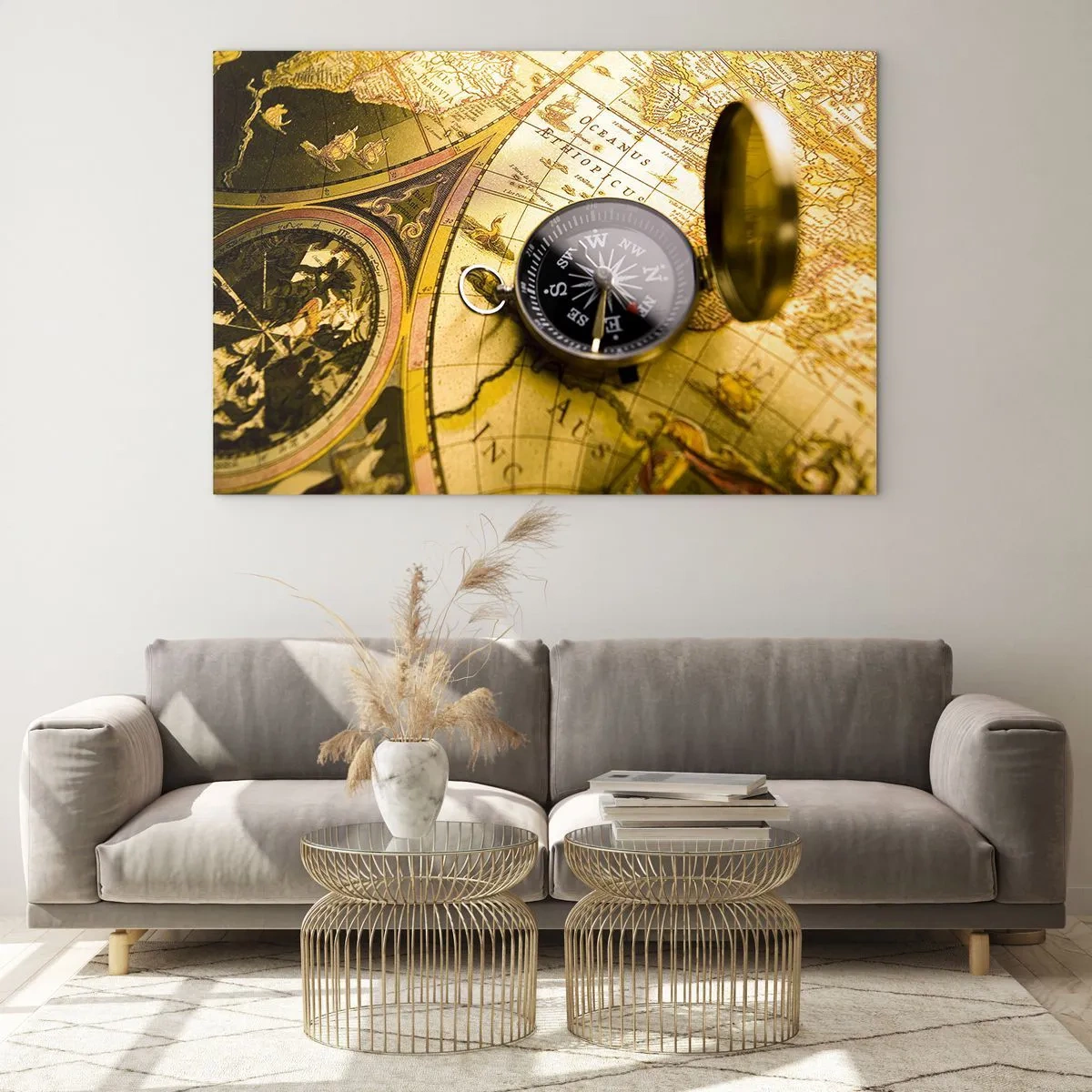 Obraz na skle - Zlatá mapa s kompasom ako dobrodružný akcent - 70x50cm - Čo tak na koniec sveta? - Moderná nástenná dekorácia do obývacej izby a spálne ARTTOR