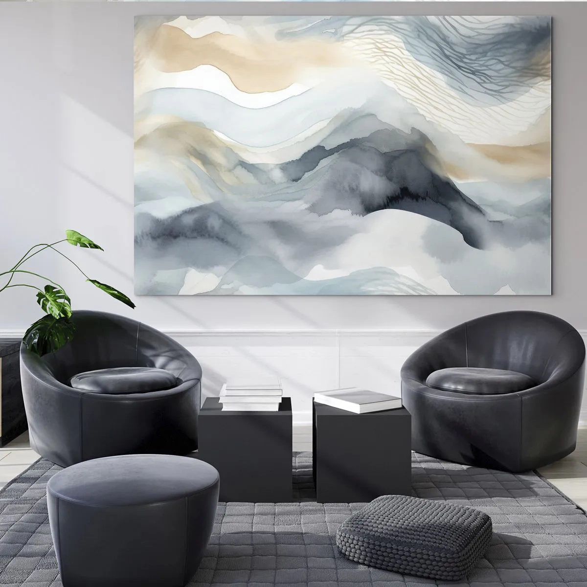 Obraz na skle - Abstraktné vlny v odtieňoch béžovej a modrej - 70x50cm - Abstrakcia snehu a hmly - Moderná nástenná dekorácia do obývacej izby a spálne ARTTOR