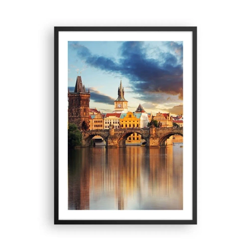 Plagát v čiernom ráme - Karlov most v Prahe pri západe slnka - 50x70cm - Krásna od pradávna - Moderná nástenná dekorácia do obývacej izby a spálne ARTTOR