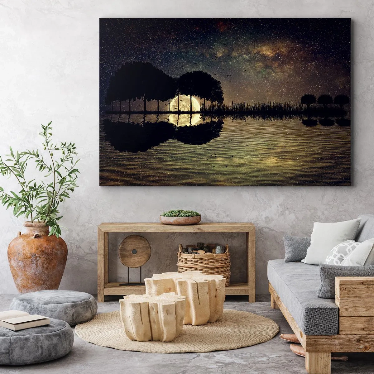 Obraz na plátne - Magická noc so stromami a mesiacom odrážajúcim sa na vode - 70x50cm - Noc na konci sveta - Moderná nástenná dekorácia do obývacej izby a spálne ARTTOR