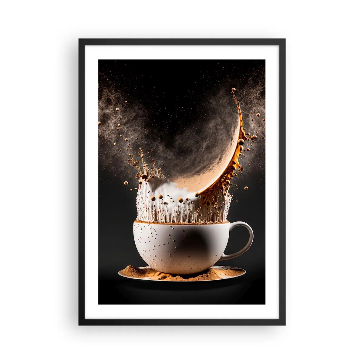 Plagát v čiernom ráme - Dynamická explózia kávy v šálke - 50x70cm - Explózia chuti - Moderná nástenná dekorácia do obývacej izby a spálne ARTTOR