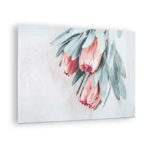 Obraz na skle - Tri pastelové kvety protey s listami na svetlom pozadí - 70x50cm - Zahanbené svojou vlastnou krásou - Moderná nástenná dekorácia do obývacej izby a spálne ARTTOR