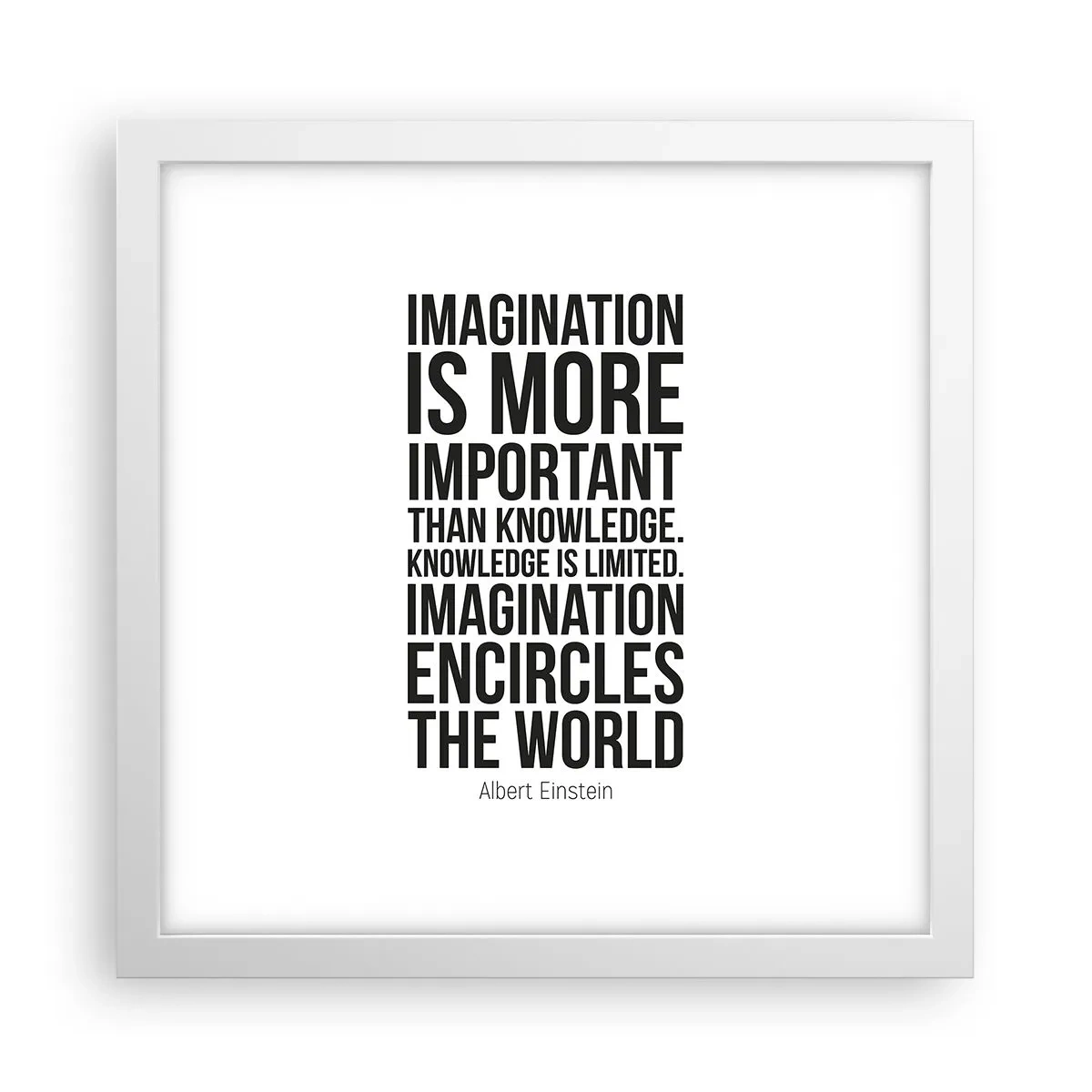 Plagát v bielom ráme - Einstein o sile predstavivosti - 30x30 cm