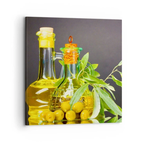 Obraz na plátne - Zátišie s olivami a olejom - 70x70 cm
