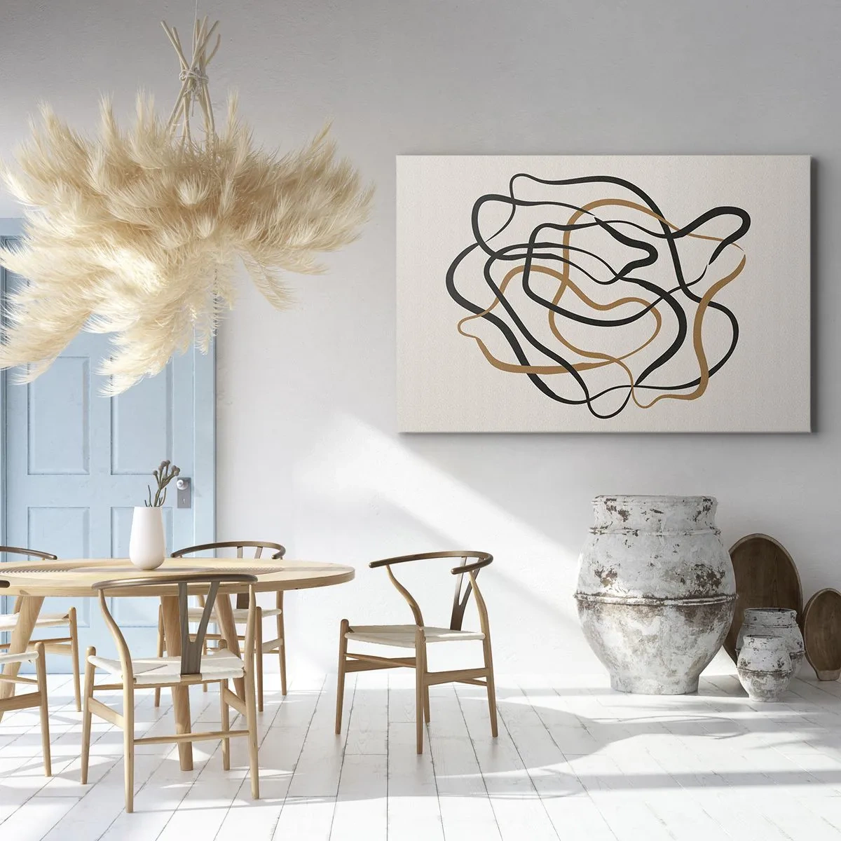 Obraz na plátne - Zamotané čiary v čiernej a zlatej farbe na svetlom pozadí - 70x50cm - Všetko sa pokrútilo - Moderná nástenná dekorácia do obývacej izby a spálne ARTTOR