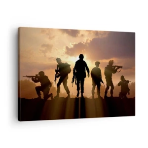Obraz na plátne - Vojaci na pozadí zapadajúceho slnka v dynamickom prostredí - 70x50cm - Brothers in arms - Moderná nástenná dekorácia do obývacej izby a spálne ARTTOR